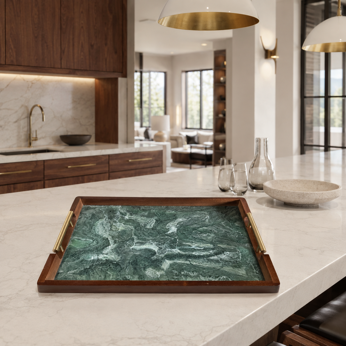 Green acacia wood tray 17x13x2" handmade epoxy resin geode design