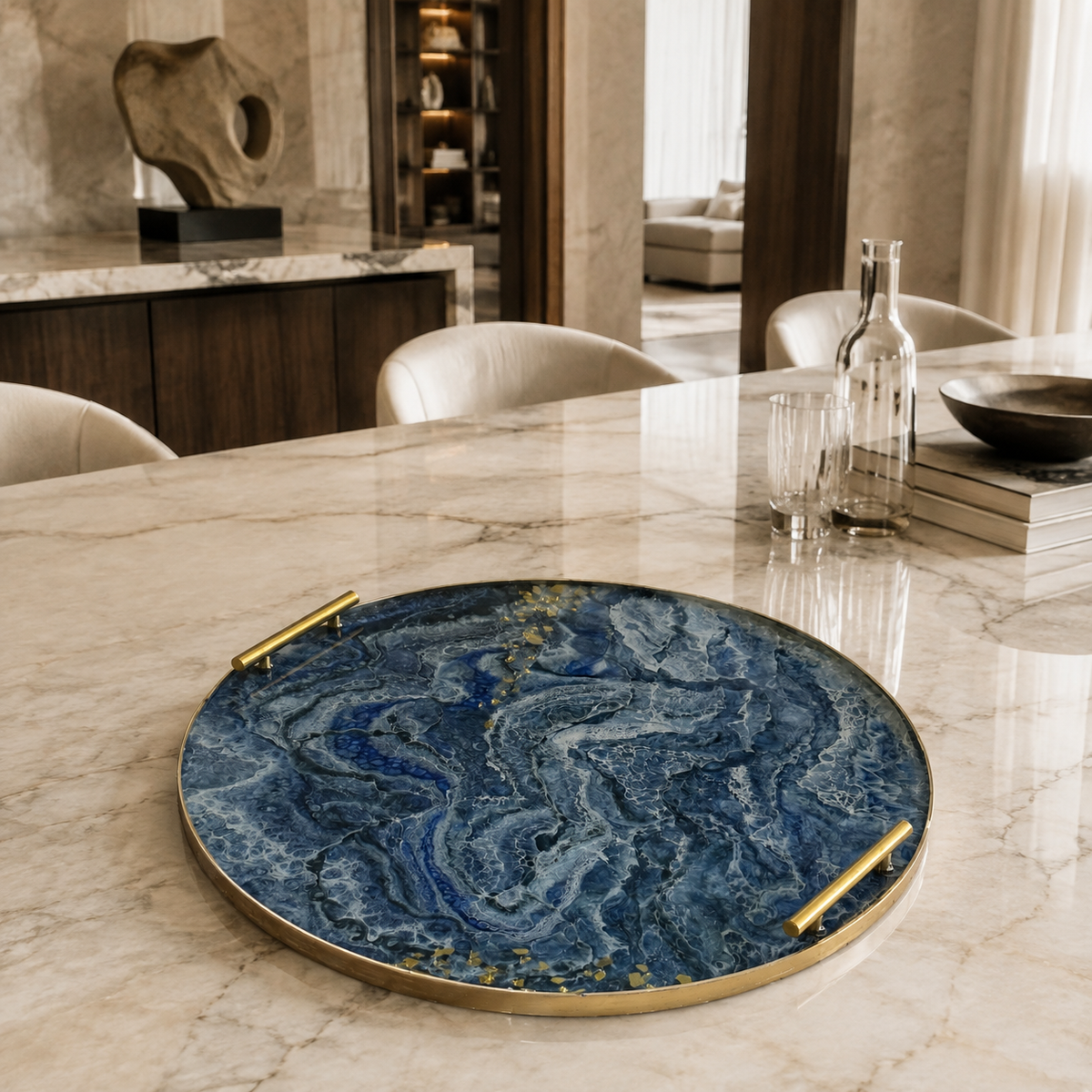 Blue Ottoman tray handmade epoxy resin geode design