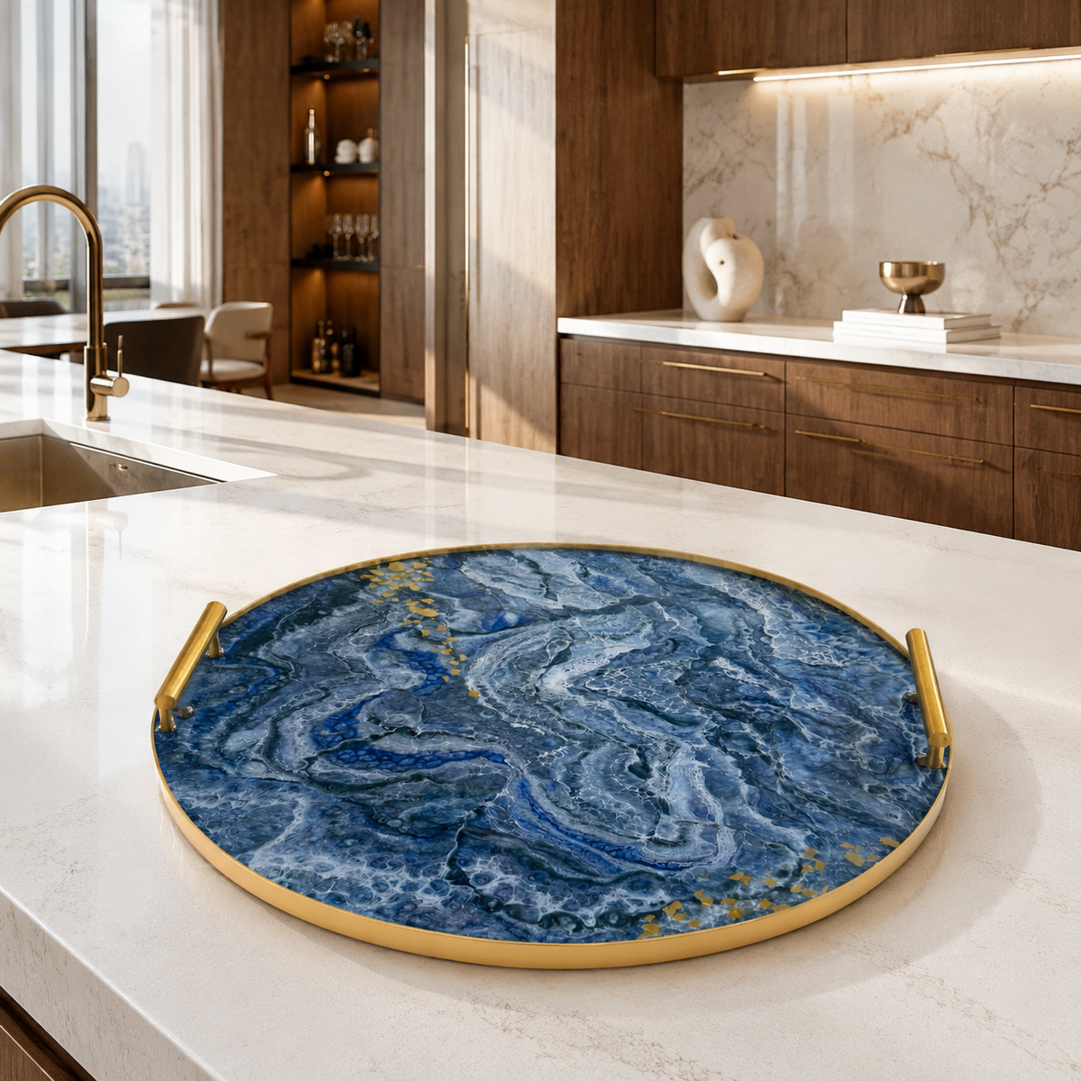 Blue Ottoman tray handmade epoxy resin geode design