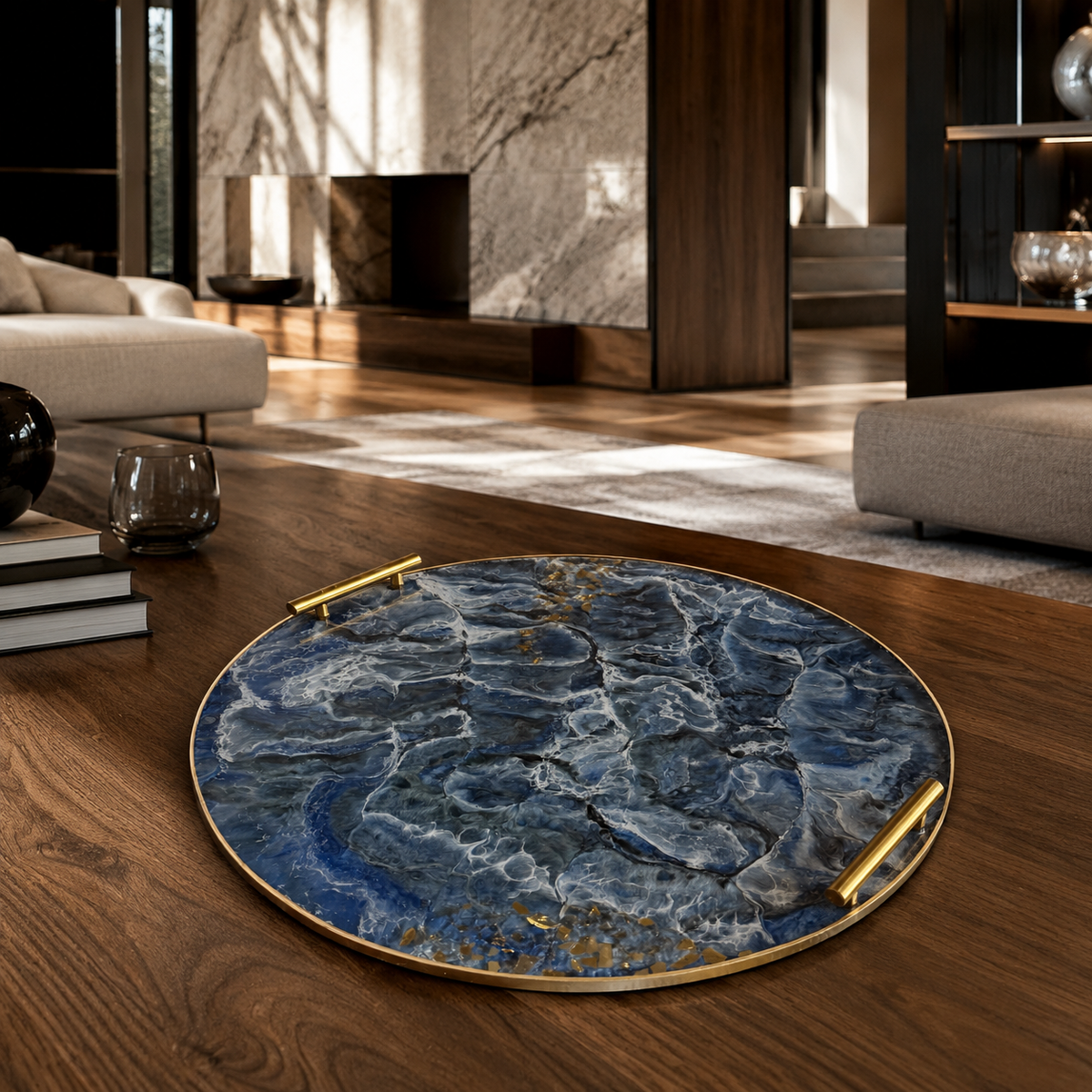 Blue Ottoman tray handmade epoxy resin geode design