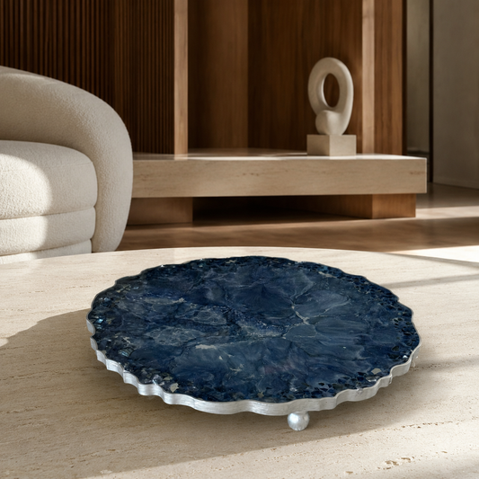 Blue tray handmade epoxy resin geode design, blue glass chips edge