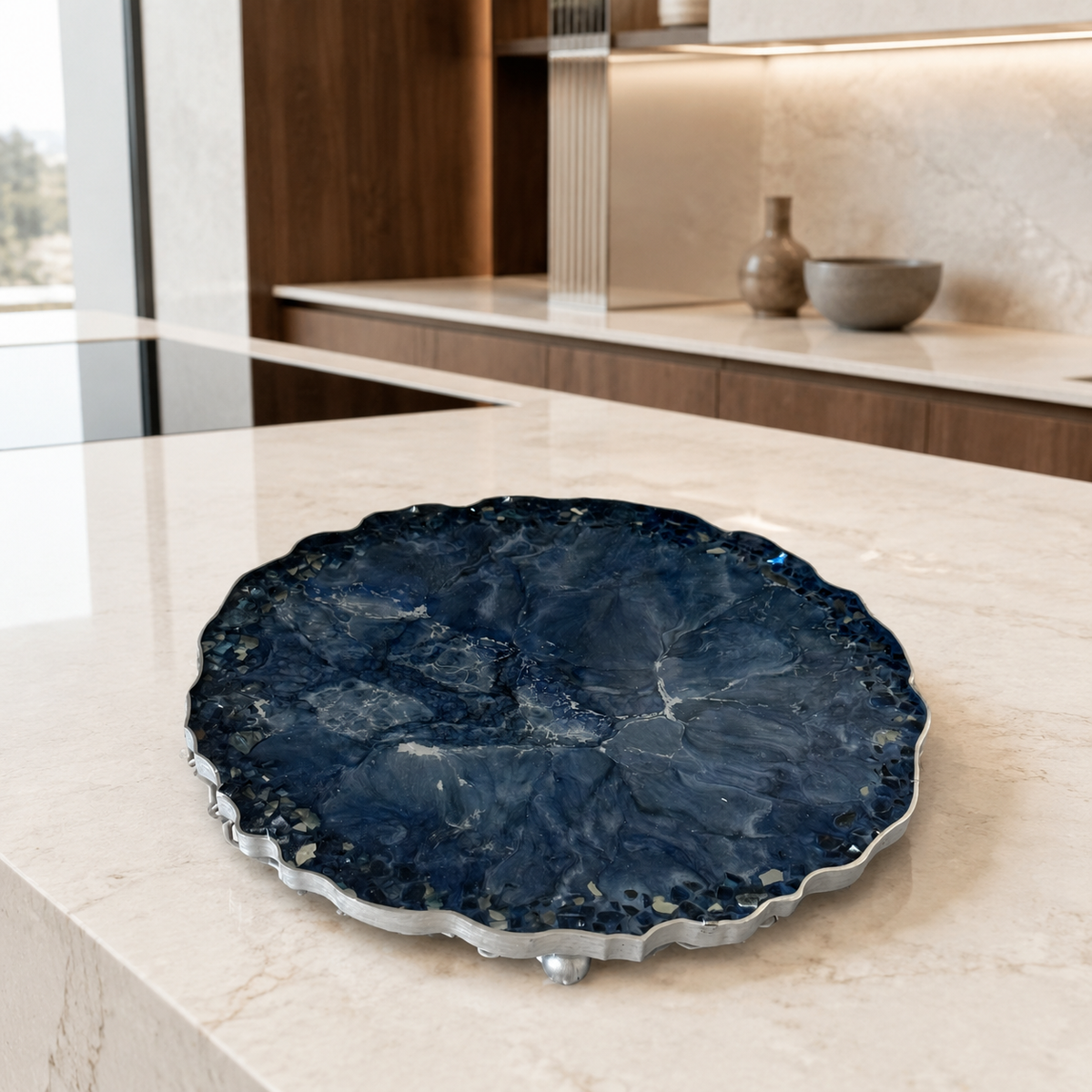 Blue tray handmade epoxy resin geode design, blue glass chips edge