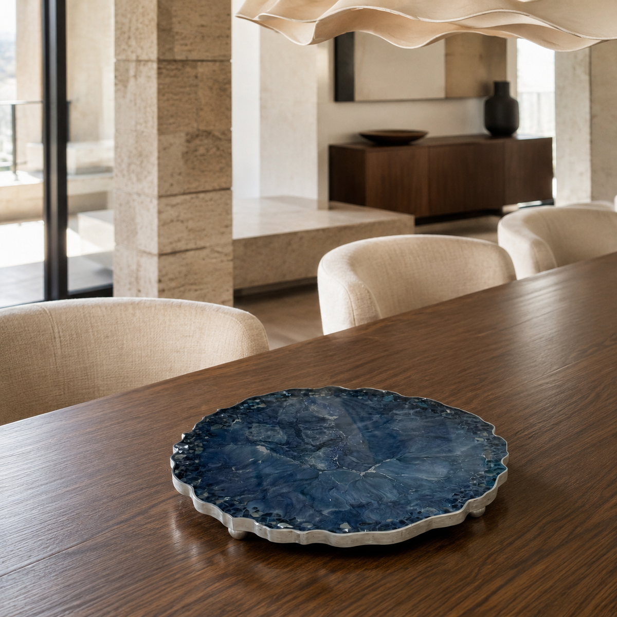 Blue tray handmade epoxy resin geode design, blue glass chips edge