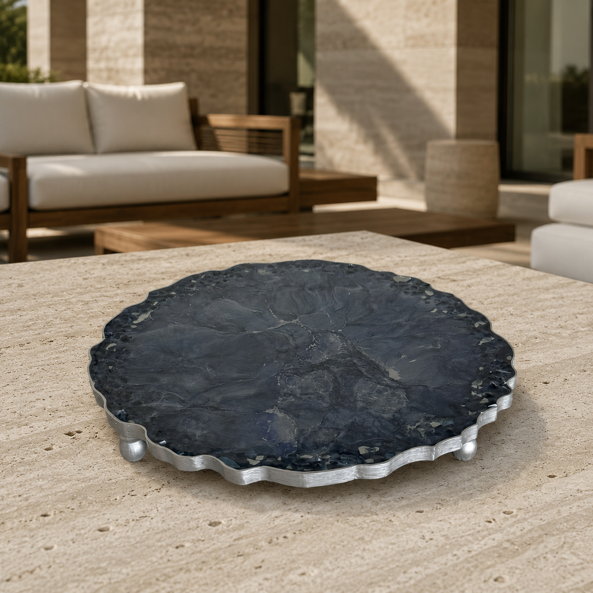 Blue tray handmade epoxy resin geode design, blue glass chips edge