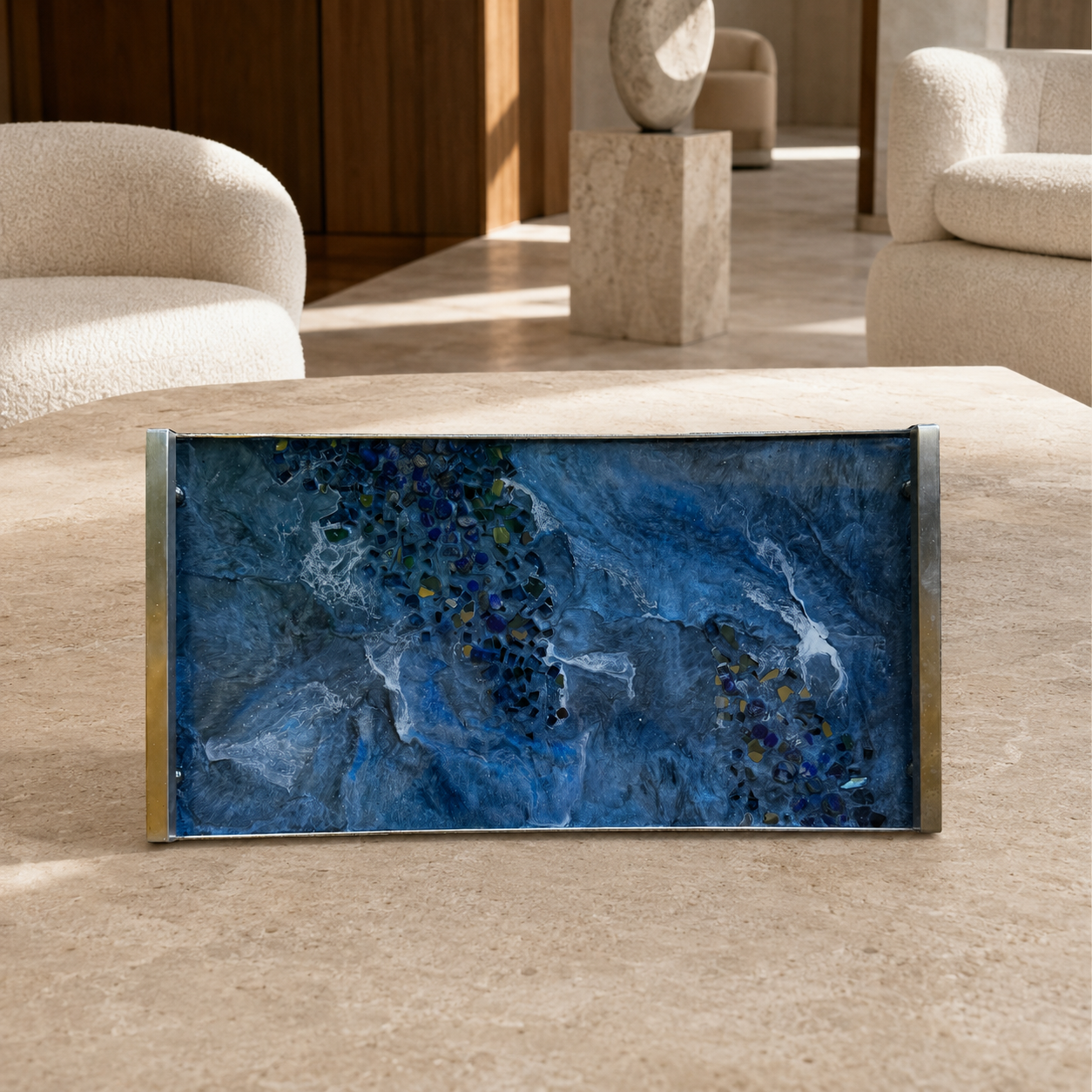 Blue large Charcuterie tray 18x9" handmade epoxy resin geode design