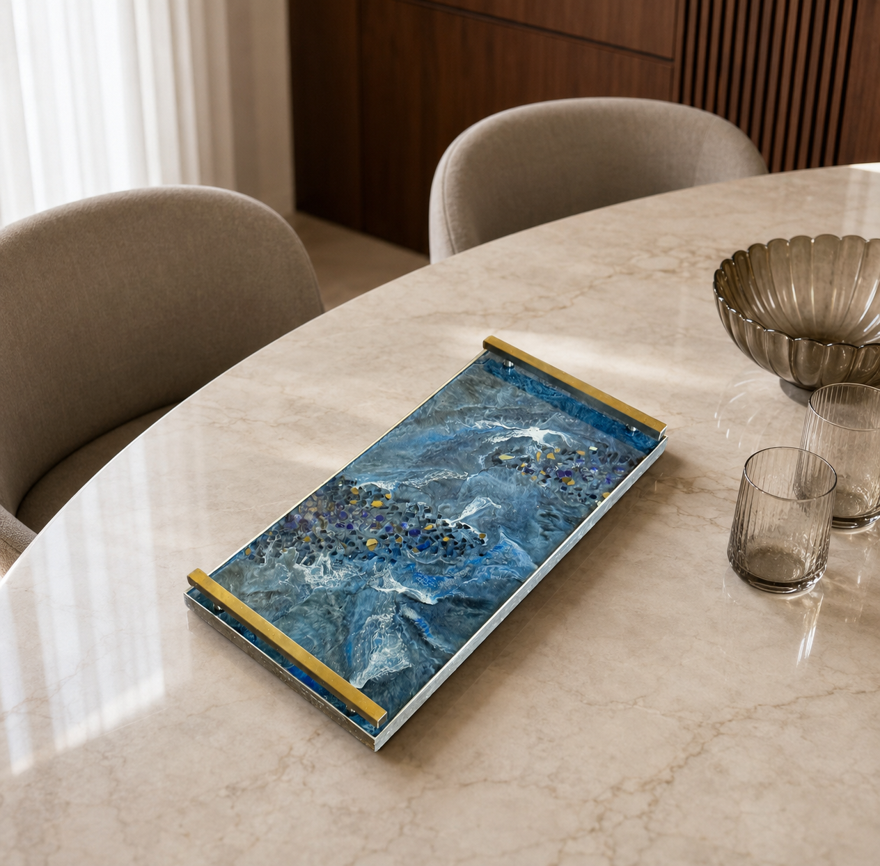 Blue large Charcuterie tray 18x9" handmade epoxy resin geode design