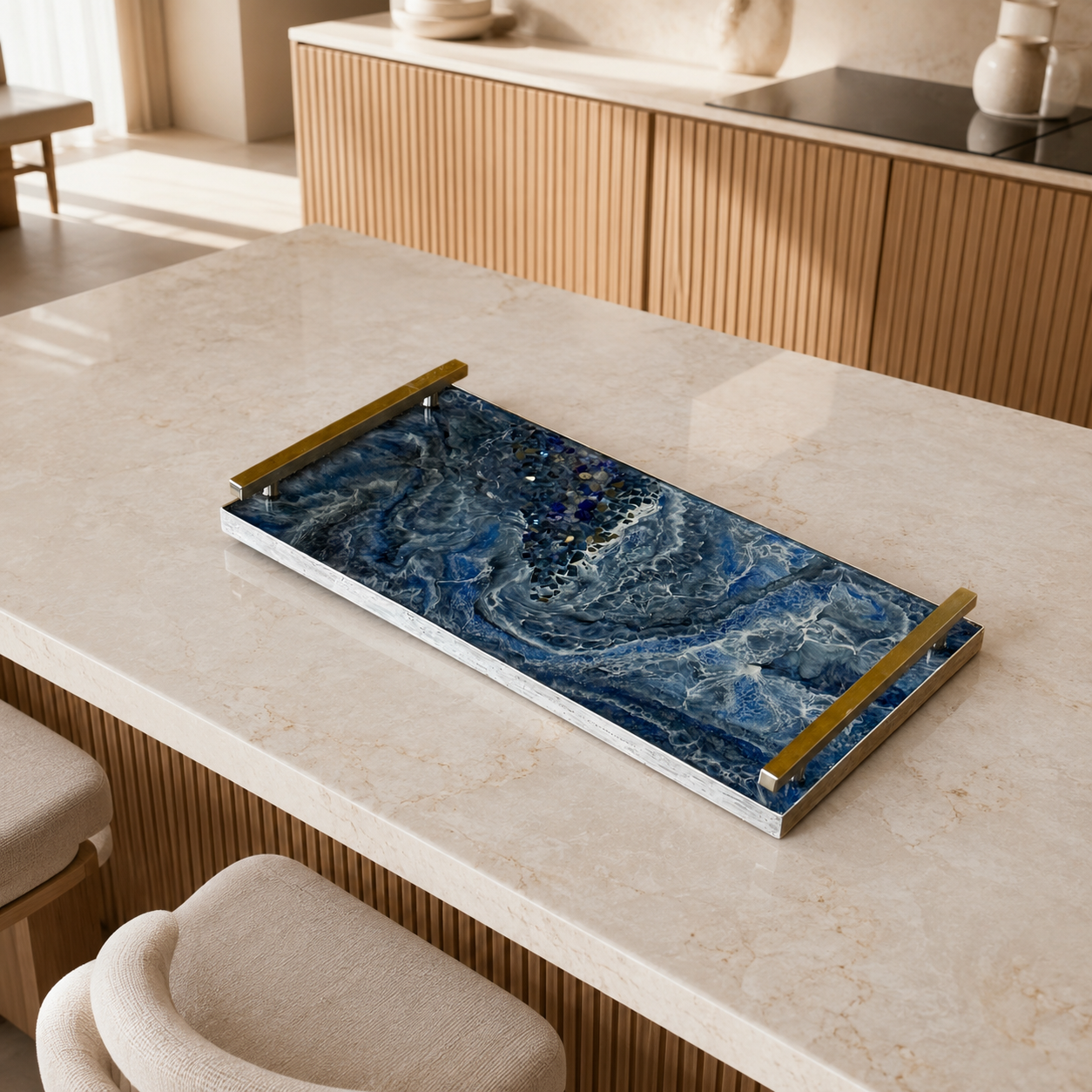 Blue large Charcuterie tray 18x9" handmade epoxy resin geode design