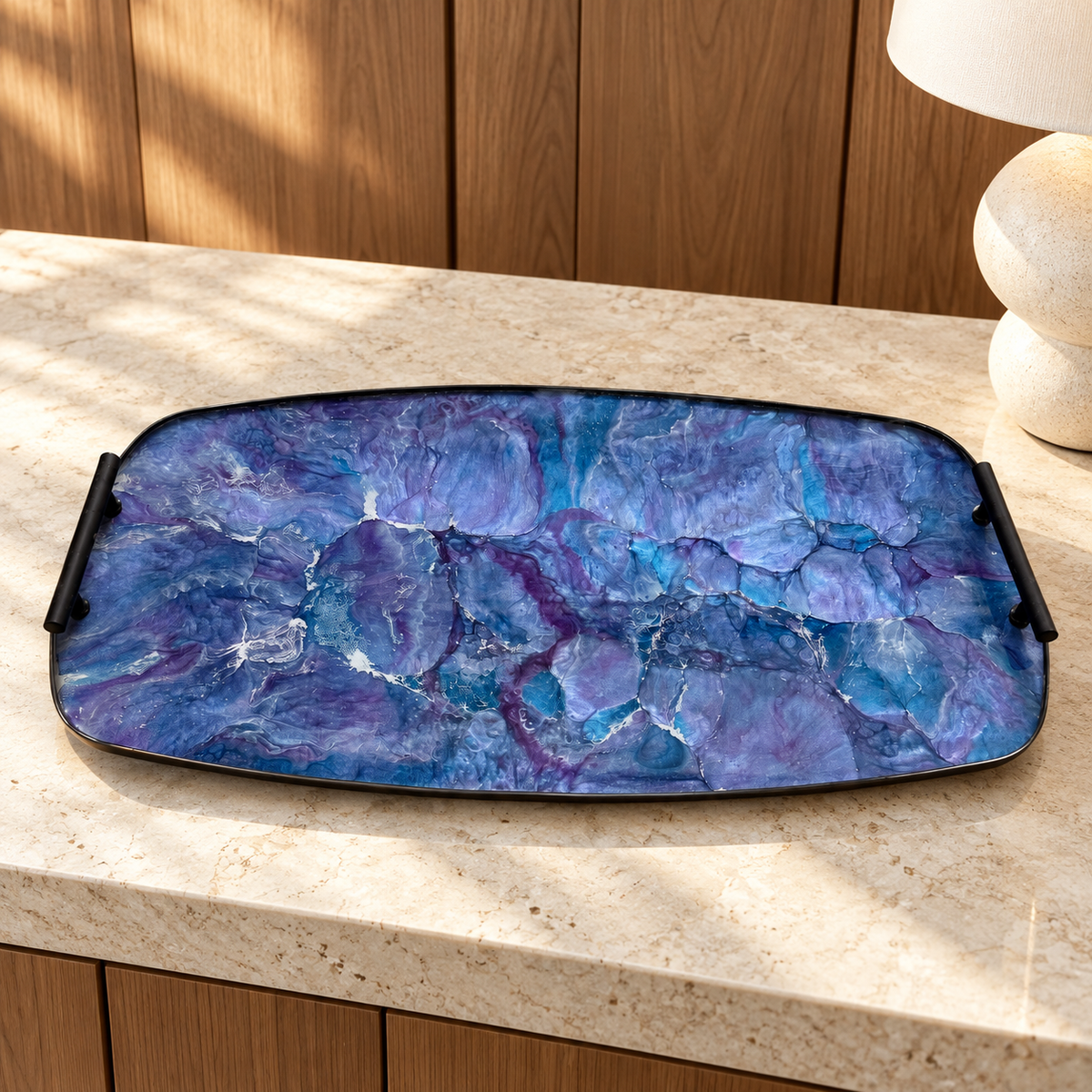 Blue and Purple large Party tray 24x13" handmade epoxy resin geode design