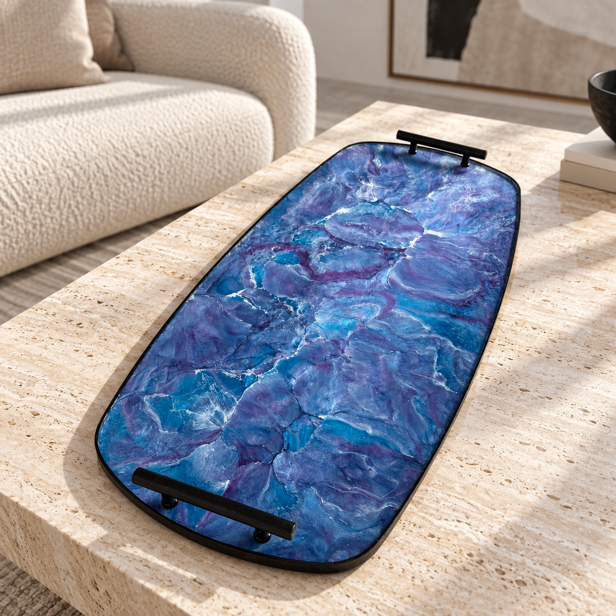 Blue and Purple large Party tray 24x13" handmade epoxy resin geode design
