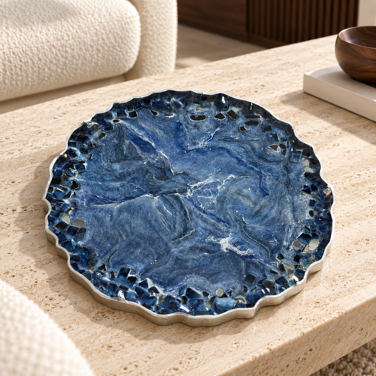 Blue tray handmade epoxy resin geode design, blue glass chips edge