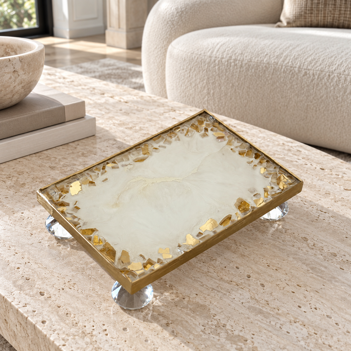 White rectangle tray handmade epoxy resin geode design, 3 sizes