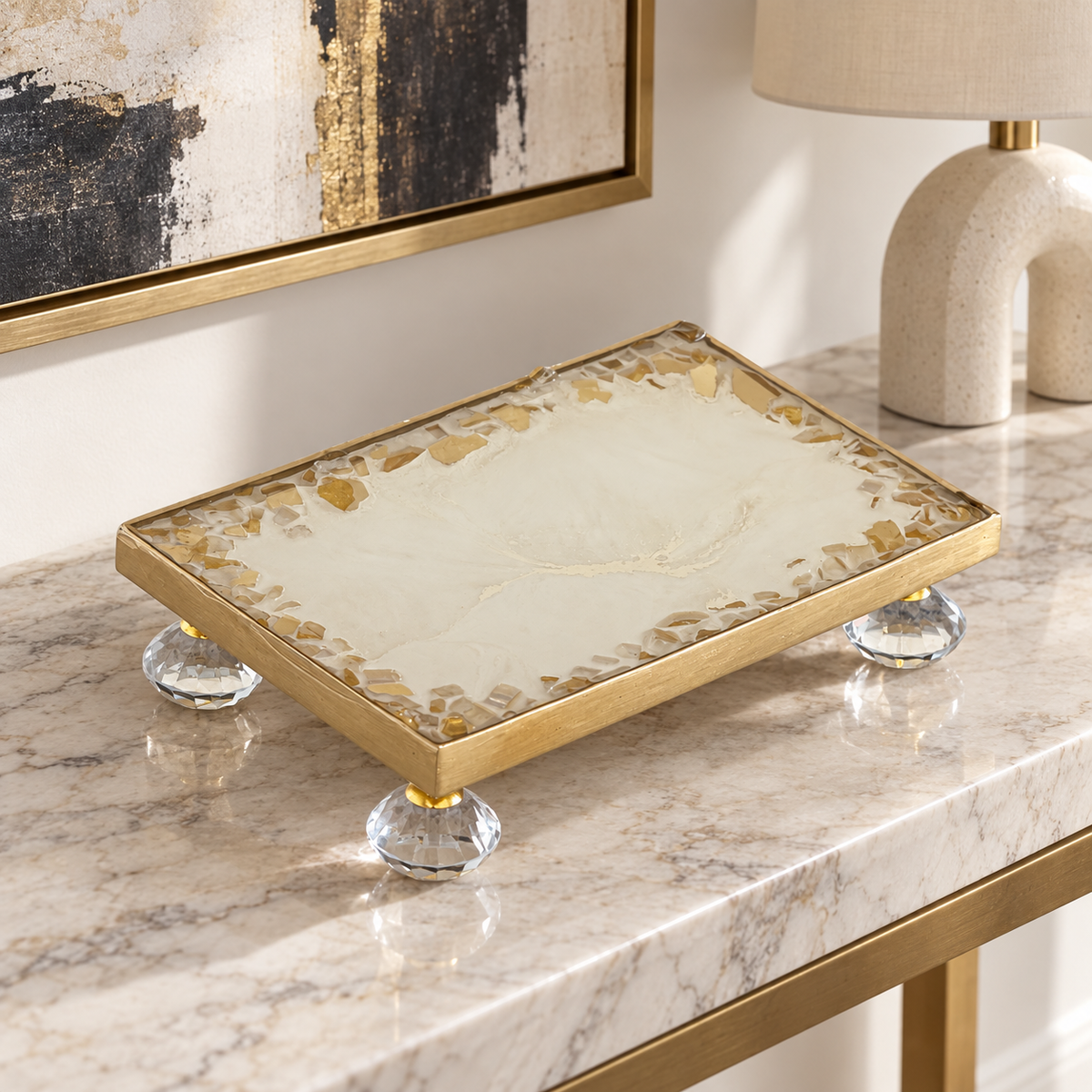 White rectangle tray handmade epoxy resin geode design, 3 sizes