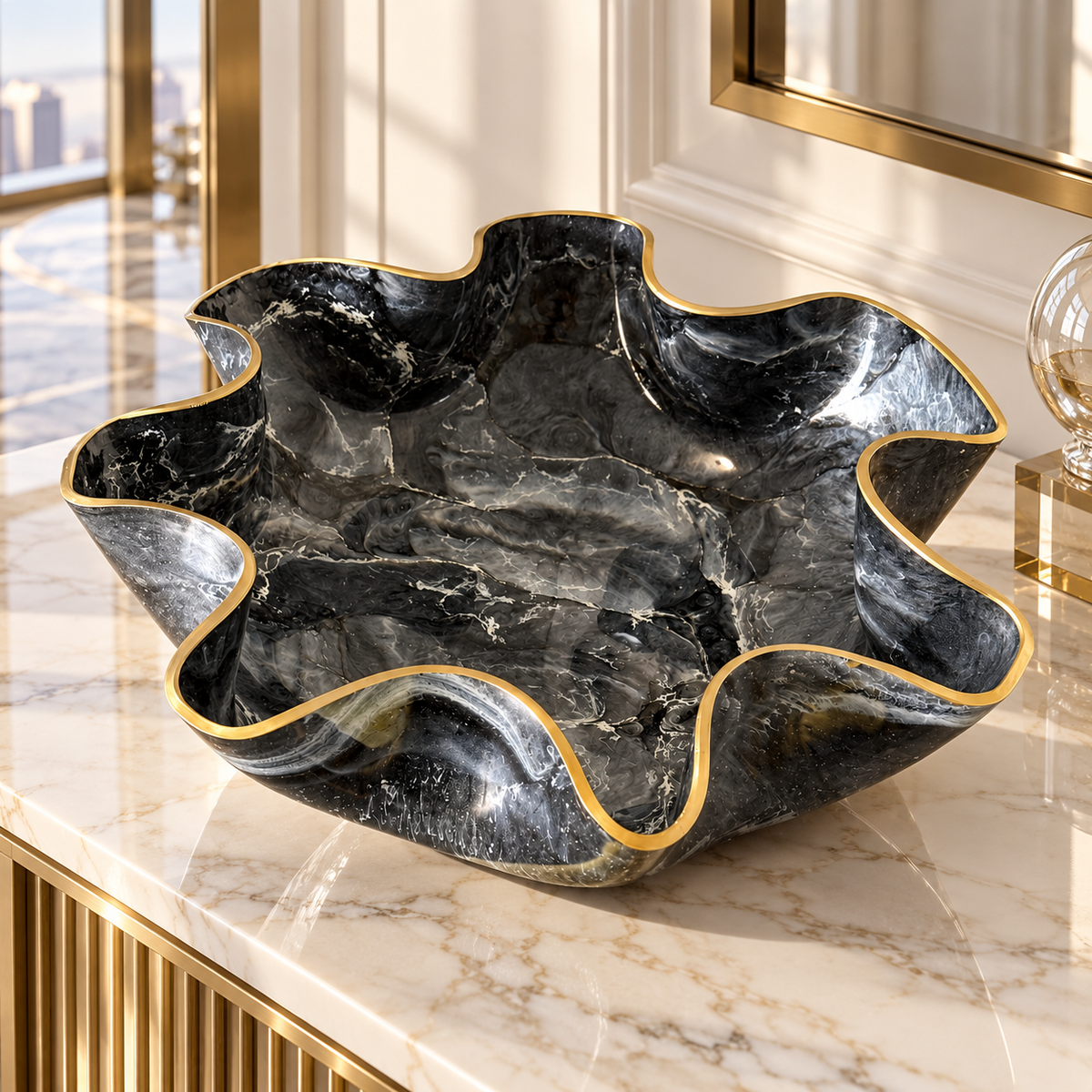 Large Black bowl, 18x3" geode design epoxy resin