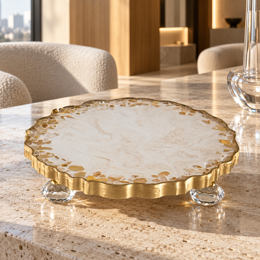 White tray handmade epoxy resin geode design, glass chips edge