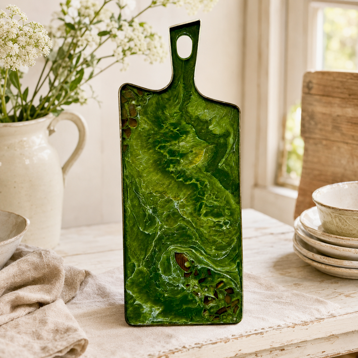 Olive Green Cheese board, 3 sizes handmade epoxy resin geode design