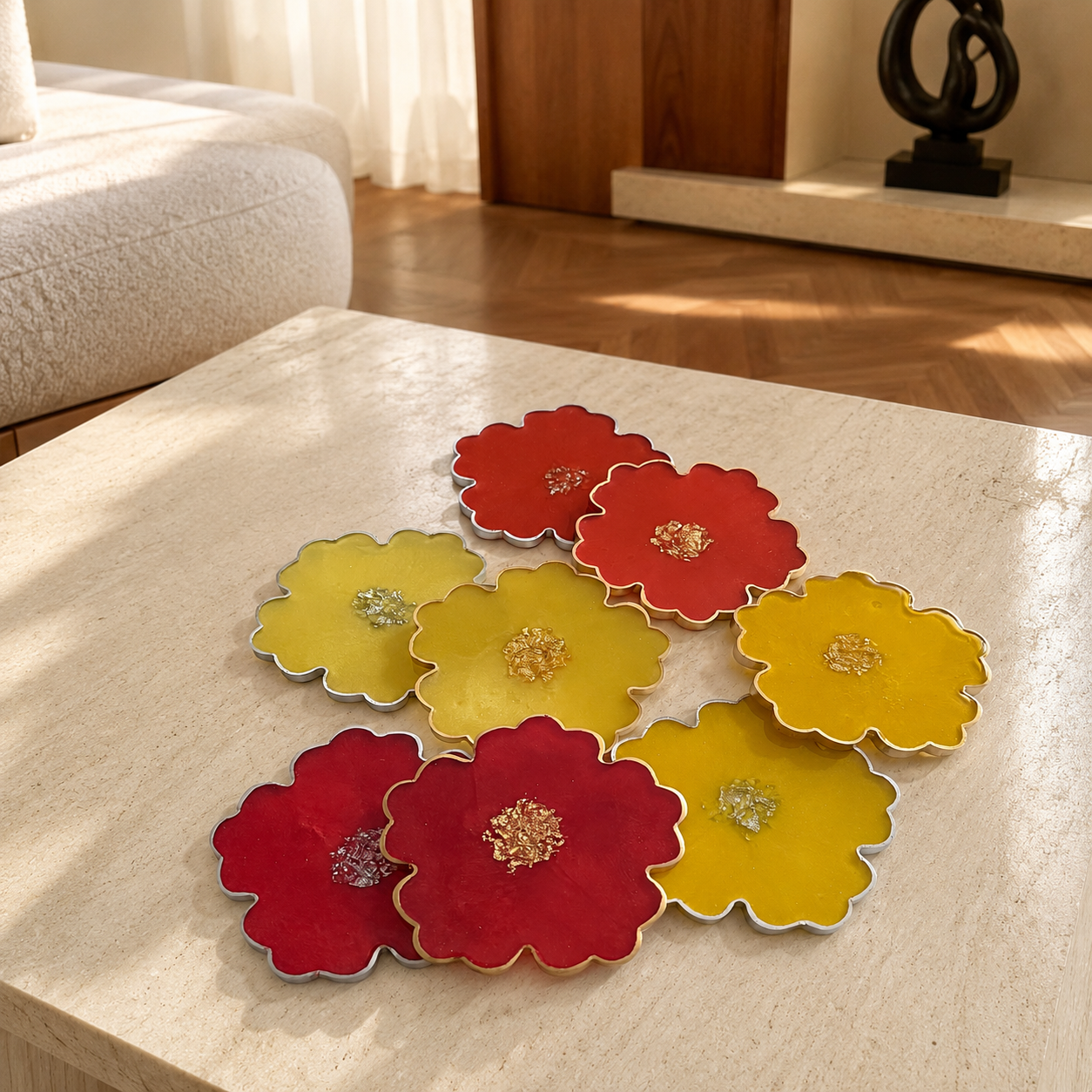 Red, Orange, Yellow Flower Coasters epoxy resin
