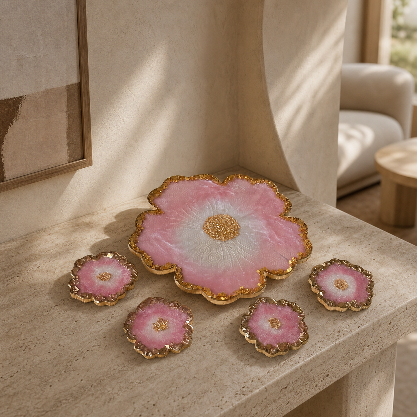 Light Pink Flower tray with matching coasters