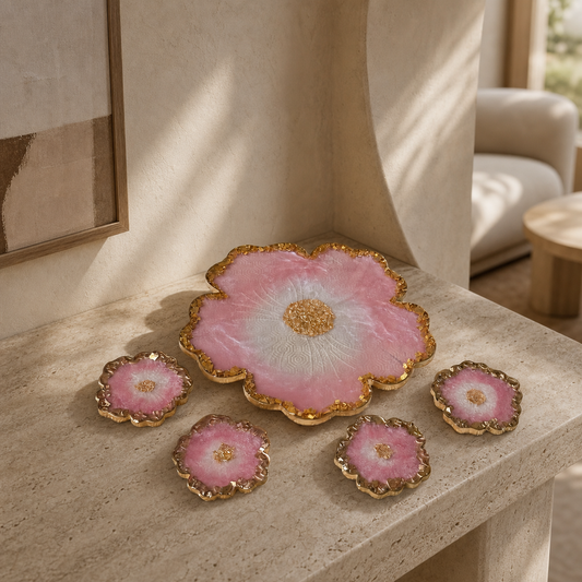Light Pink Flower tray with matching coasters