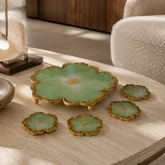 Light Green Flower tray with matching coasters