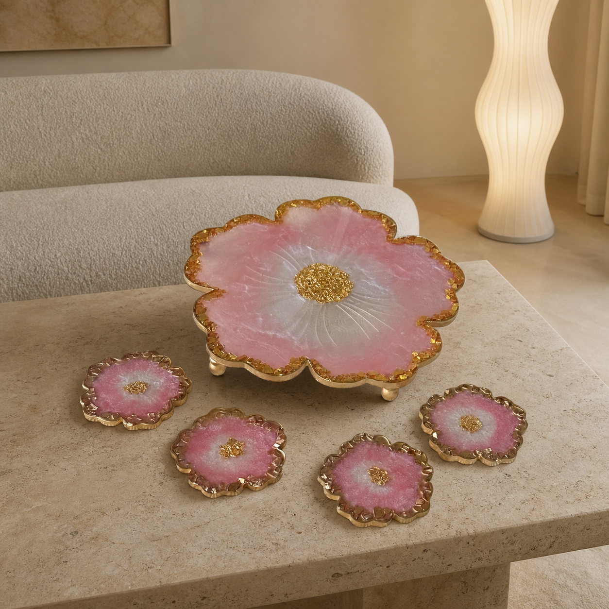 Light Pink Flower tray with matching coasters