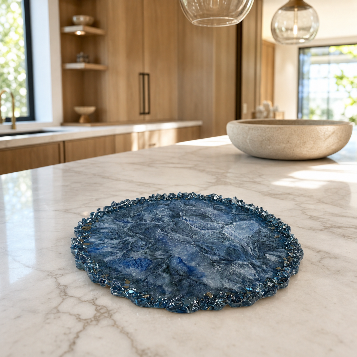 Blue tray handmade epoxy resin geode design, blue glass chips edge