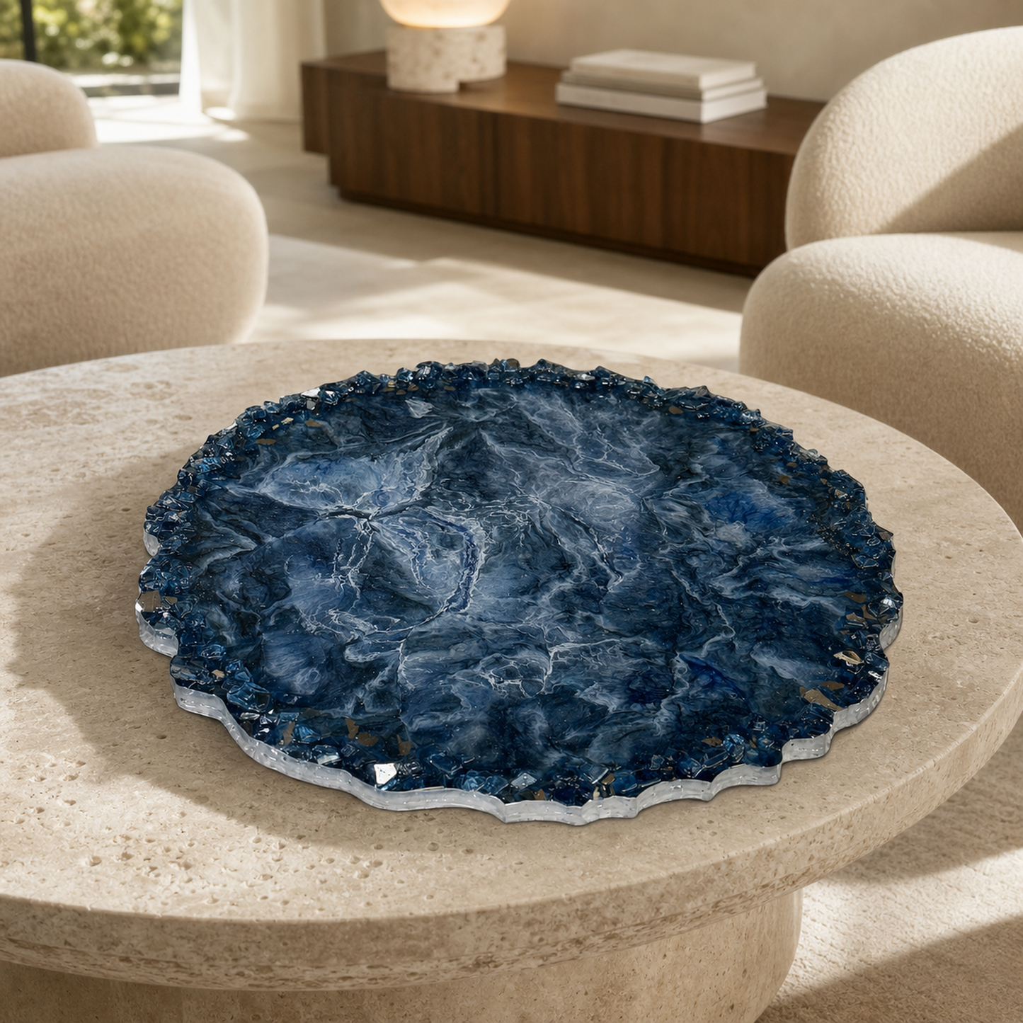 Blue tray handmade epoxy resin geode design, blue glass chips edge