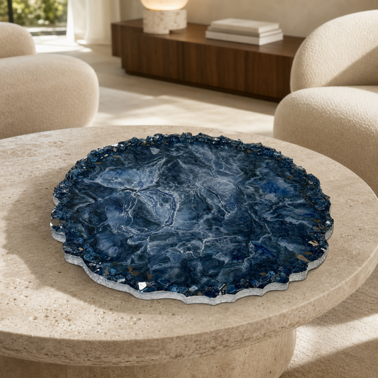 Blue tray handmade epoxy resin geode design, blue glass chips edge