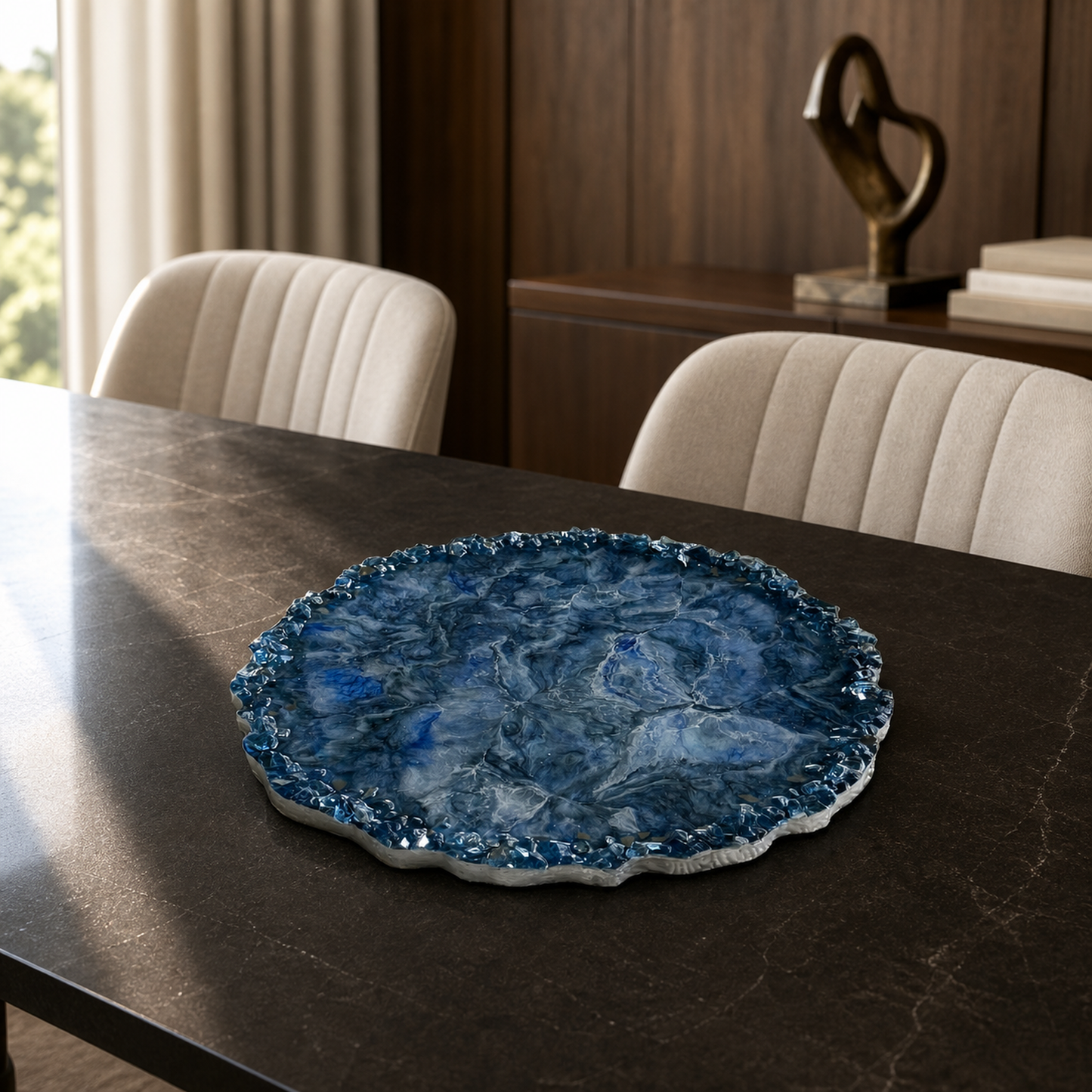 Blue tray handmade epoxy resin geode design, blue glass chips edge