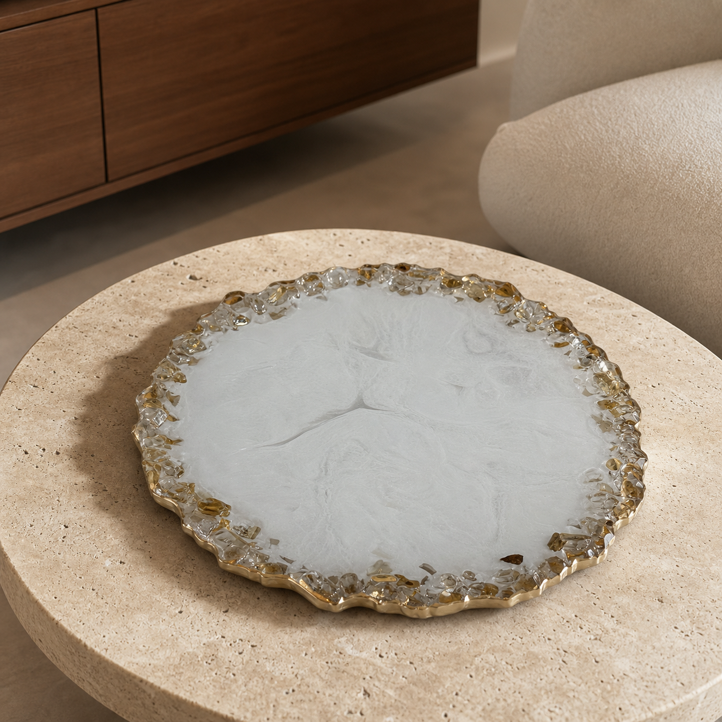White tray handmade epoxy resin geode design, blue glass chips edge