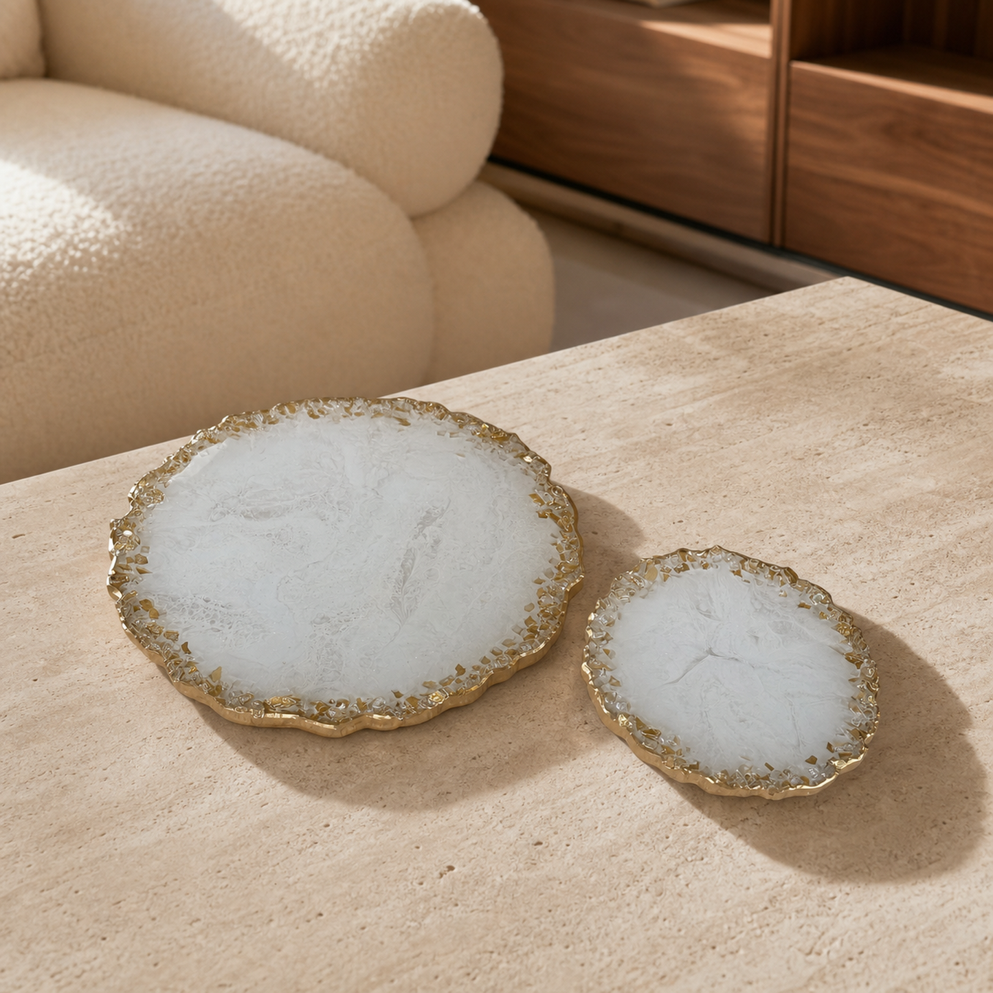 White tray handmade epoxy resin geode design, blue glass chips edge
