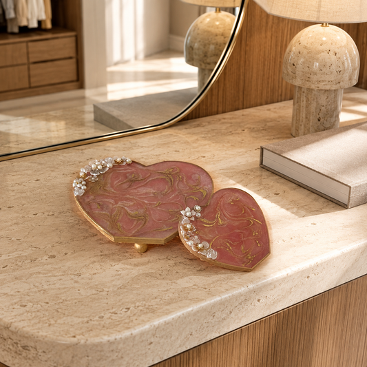 Heart-Shaped Jewelry Display Tray, Multiple colors, Handmade Epoxy Resin Organizer, Gold or Silver Design, Two Sizes
