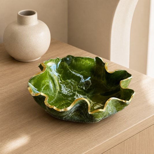 Medium Olive green bowl, 11x3" geode design epoxy resin