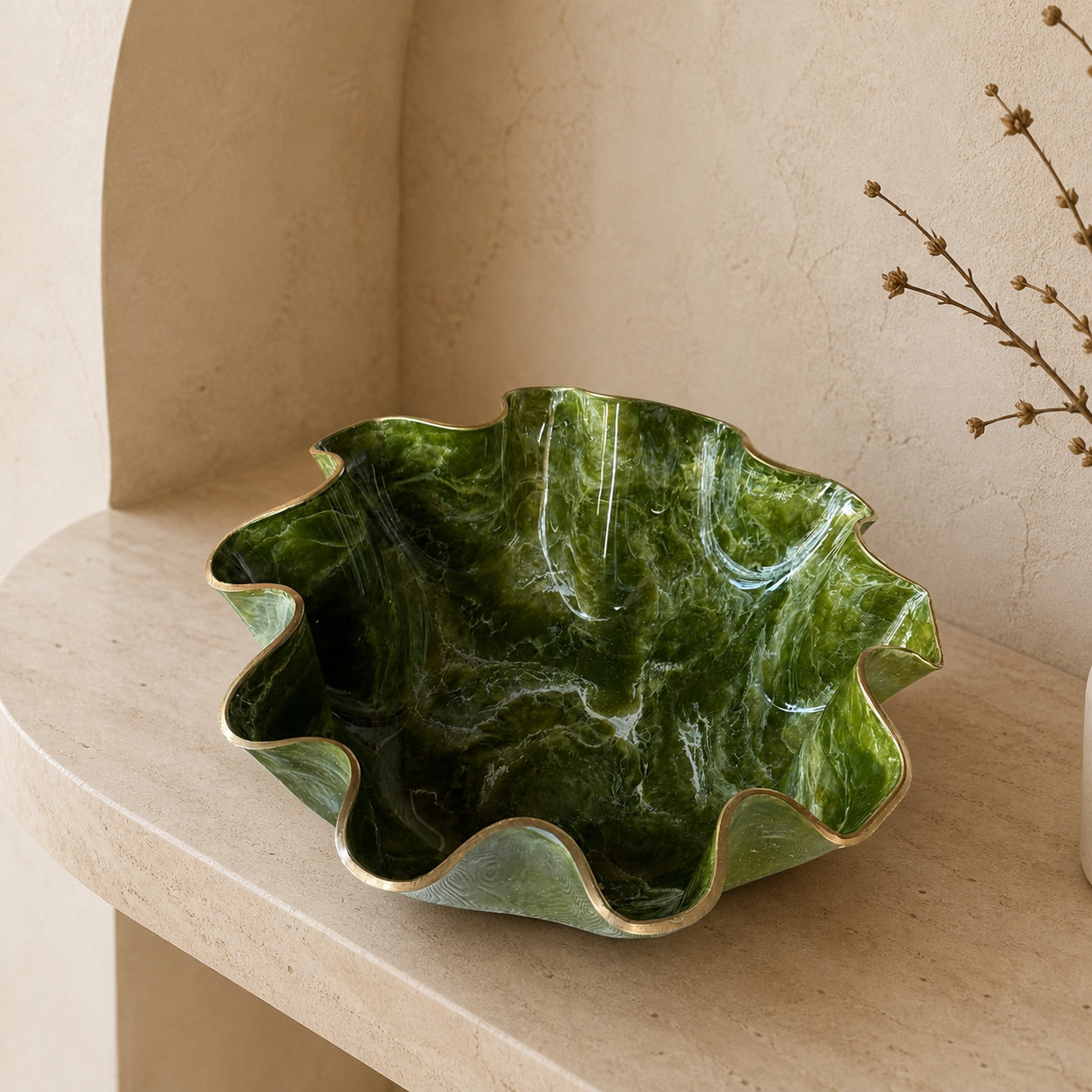 XLarge Olive Green bowl, 18x6" geode design epoxy resin