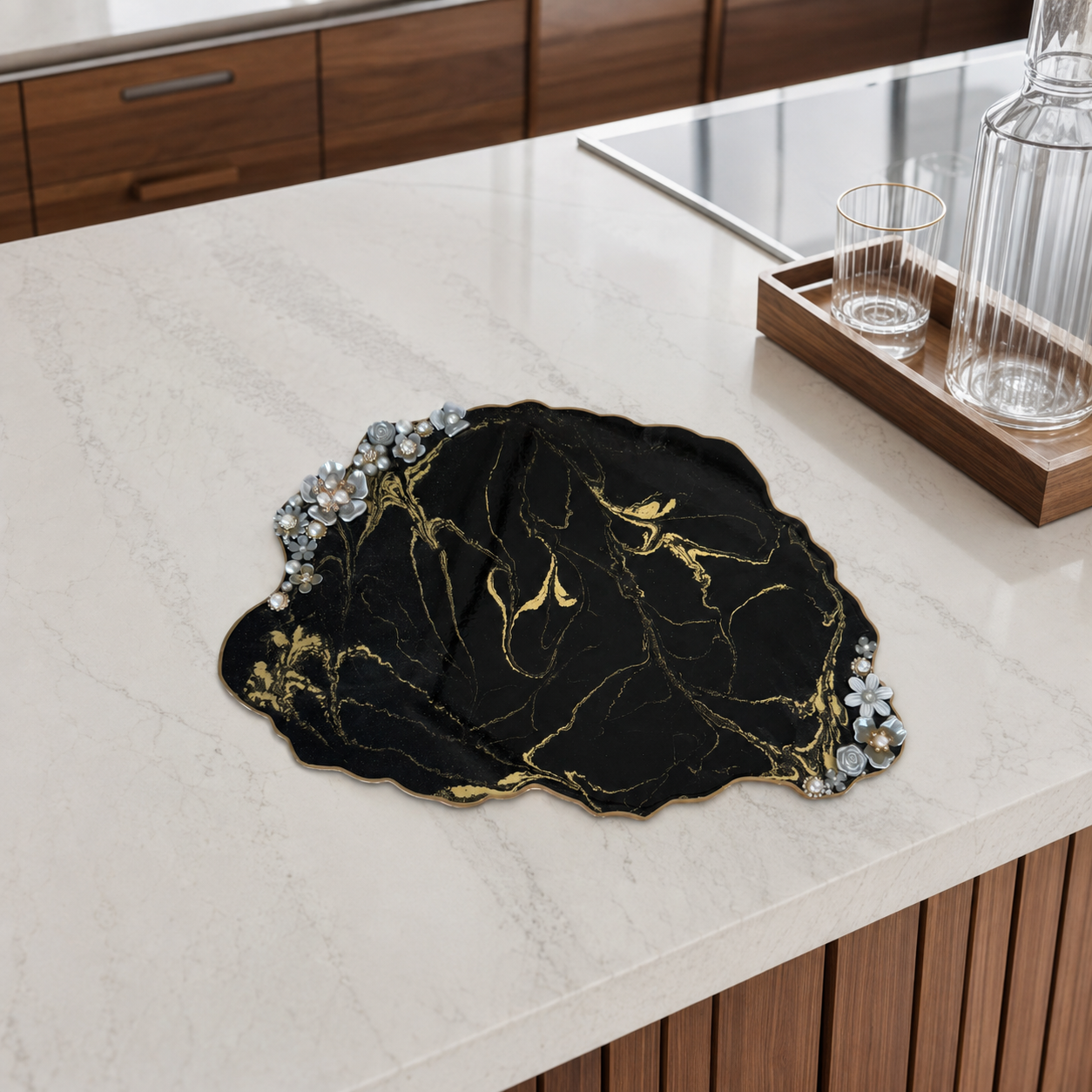 Black Resin Jewelry Display Tray 13x8.5", Gold or Silver Design, Floral Pearl Vanity Tray, Handmade Decorative Tray with Optional Legs