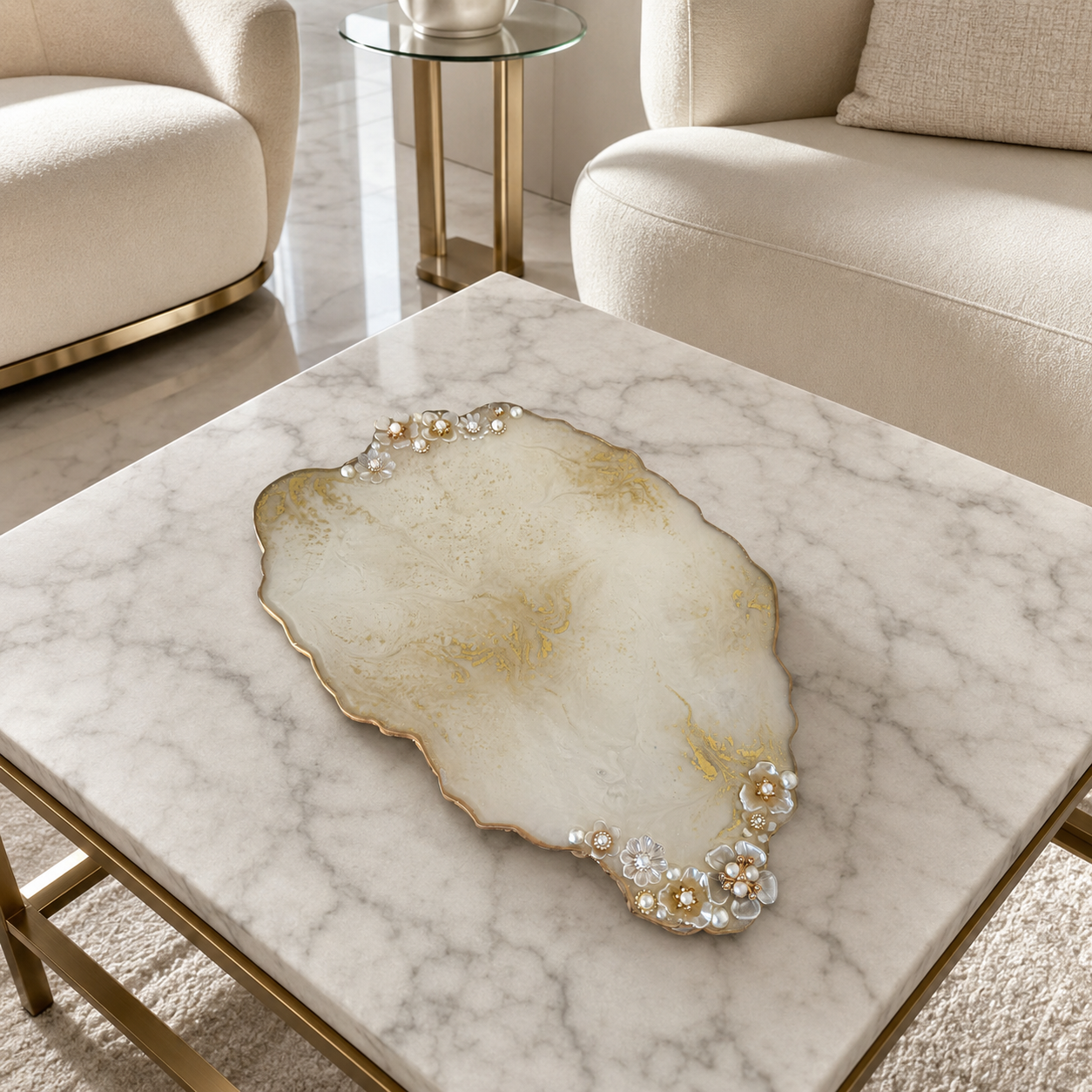 White Resin Jewelry Display Tray 13x8.5", Gold or Silver Design, Floral Pearl Vanity Tray, Handmade Decorative Tray with Optional Legs