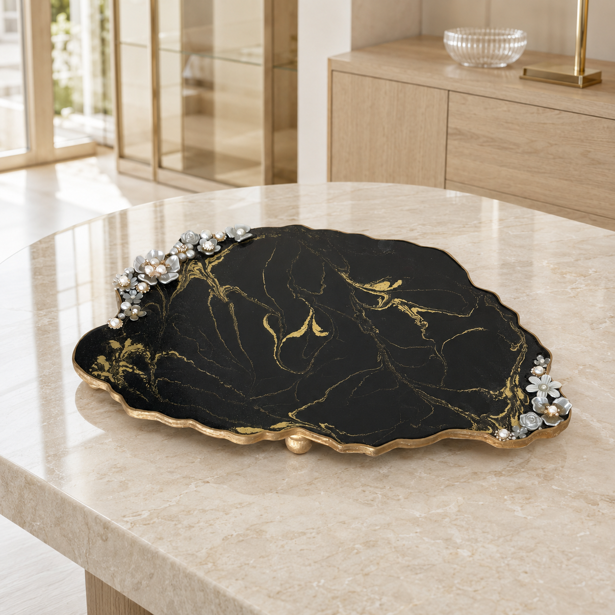 Black Resin Jewelry Display Tray 13x8.5", Gold or Silver Design, Floral Pearl Vanity Tray, Handmade Decorative Tray with Optional Legs