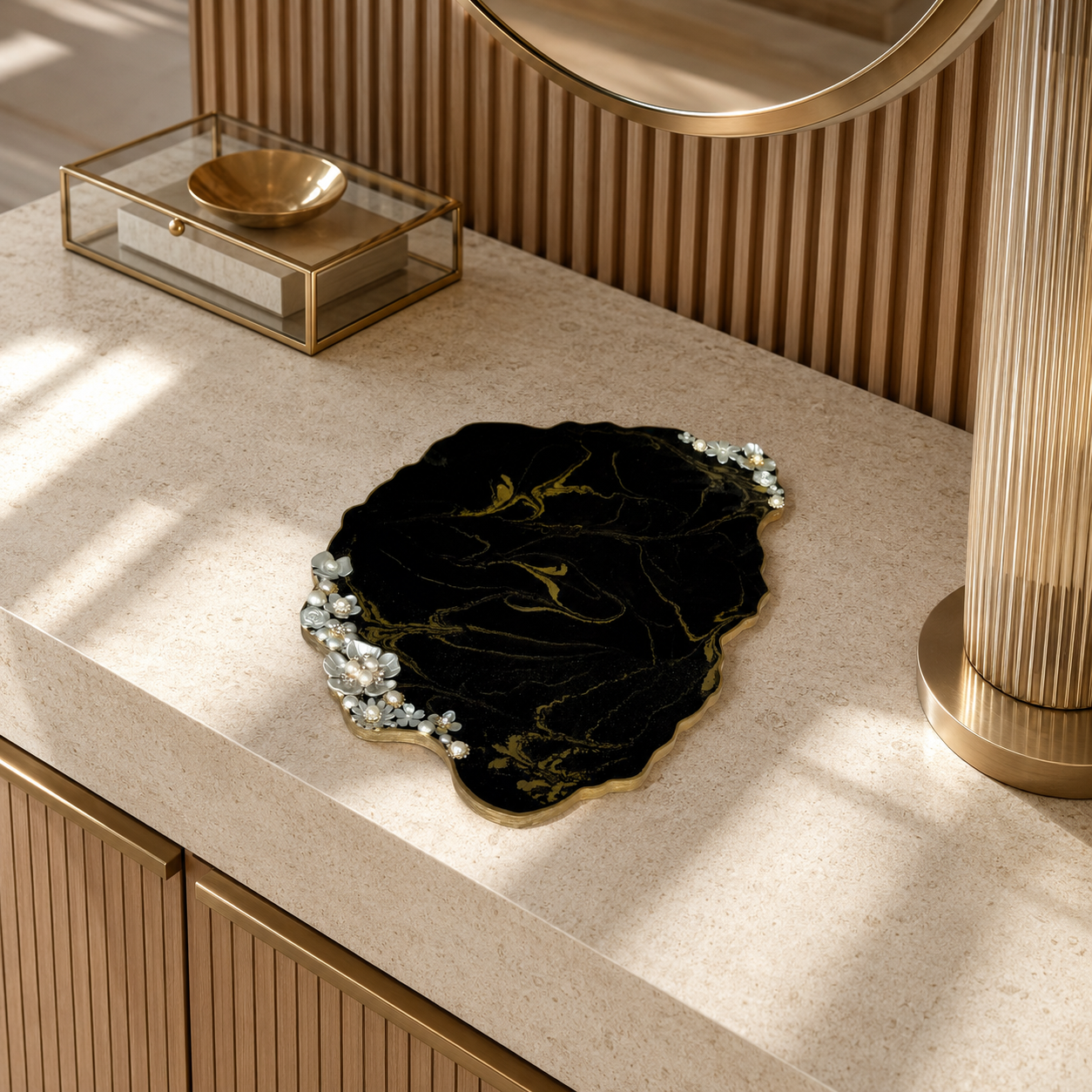 Black Resin Jewelry Display Tray 13x8.5", Gold or Silver Design, Floral Pearl Vanity Tray, Handmade Decorative Tray with Optional Legs
