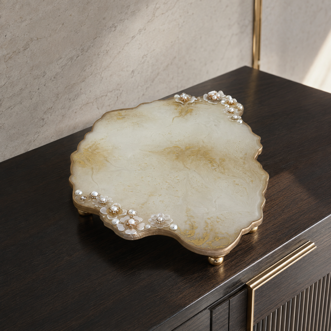 White Resin Jewelry Display Tray 13x8.5", Gold or Silver Design, Floral Pearl Vanity Tray, Handmade Decorative Tray with Optional Legs