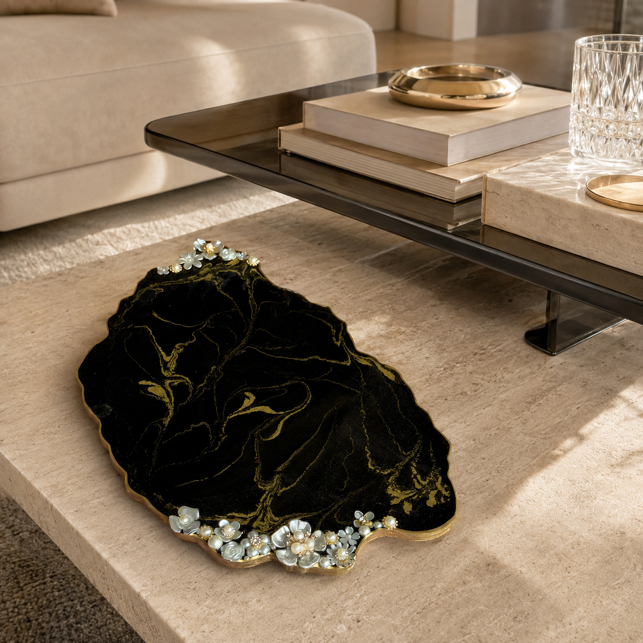 Black Resin Jewelry Display Tray 13x8.5", Gold or Silver Design, Floral Pearl Vanity Tray, Handmade Decorative Tray with Optional Legs