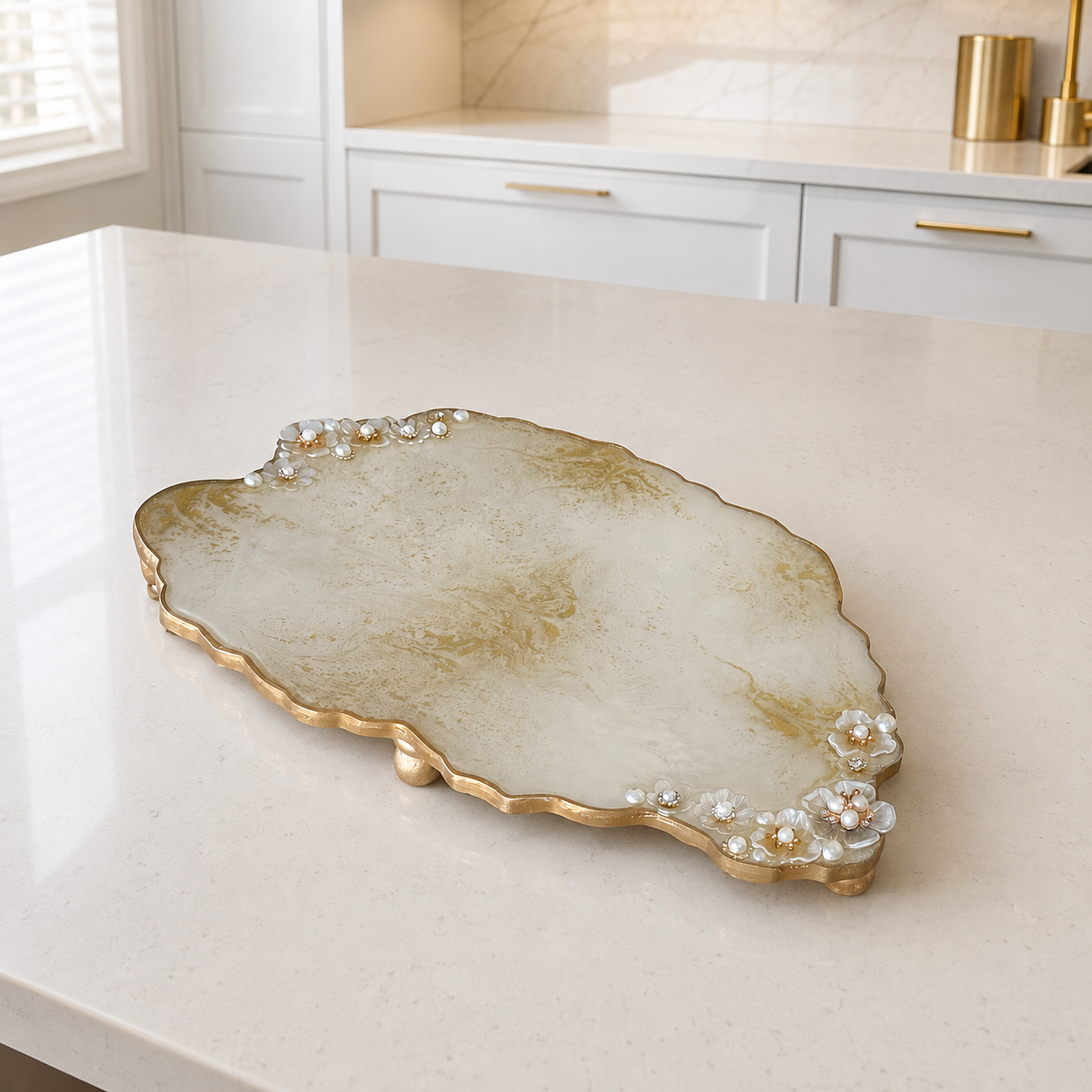 White Resin Jewelry Display Tray 13x8.5", Gold or Silver Design, Floral Pearl Vanity Tray, Handmade Decorative Tray with Optional Legs