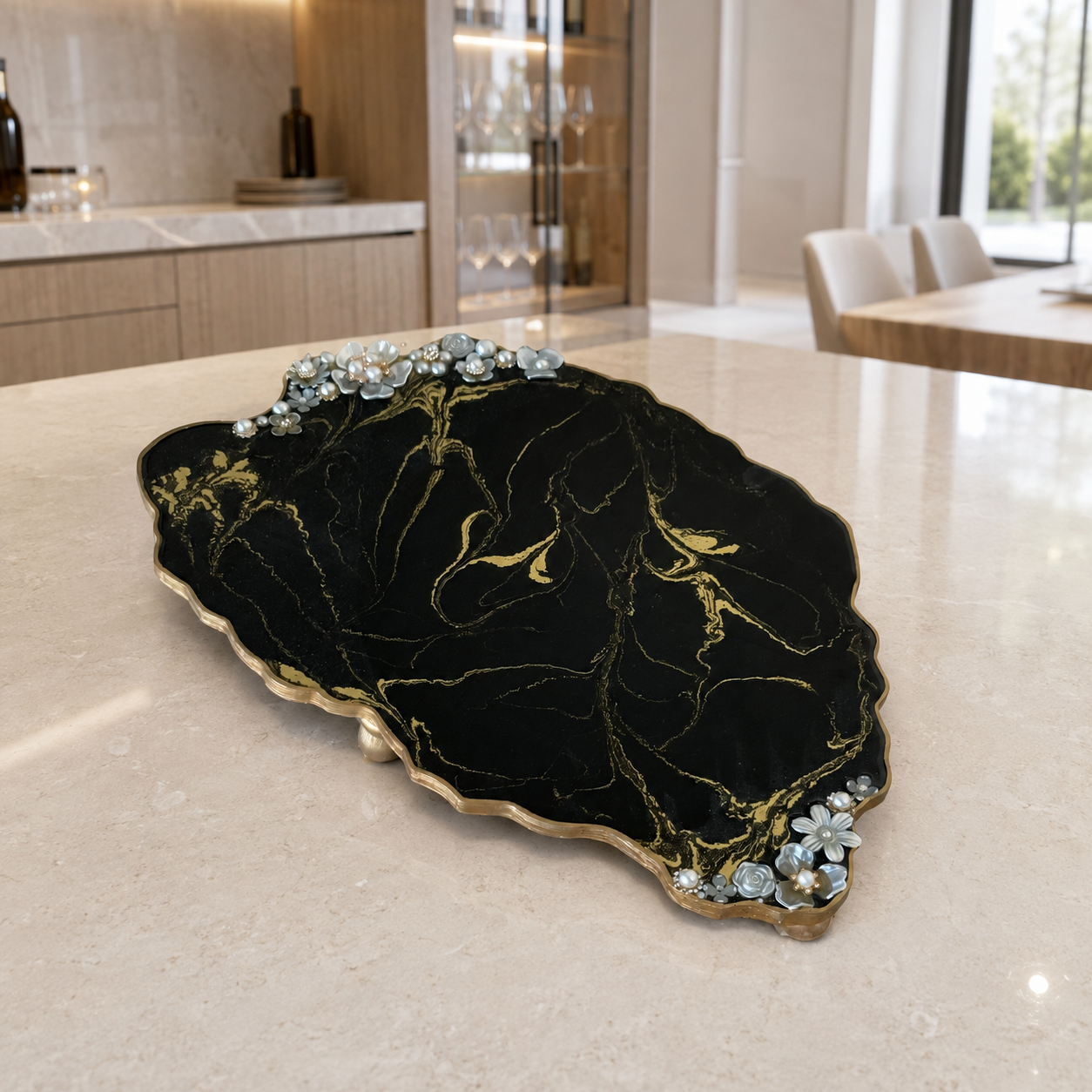 Black Resin Jewelry Display Tray 13x8.5", Gold or Silver Design, Floral Pearl Vanity Tray, Handmade Decorative Tray with Optional Legs