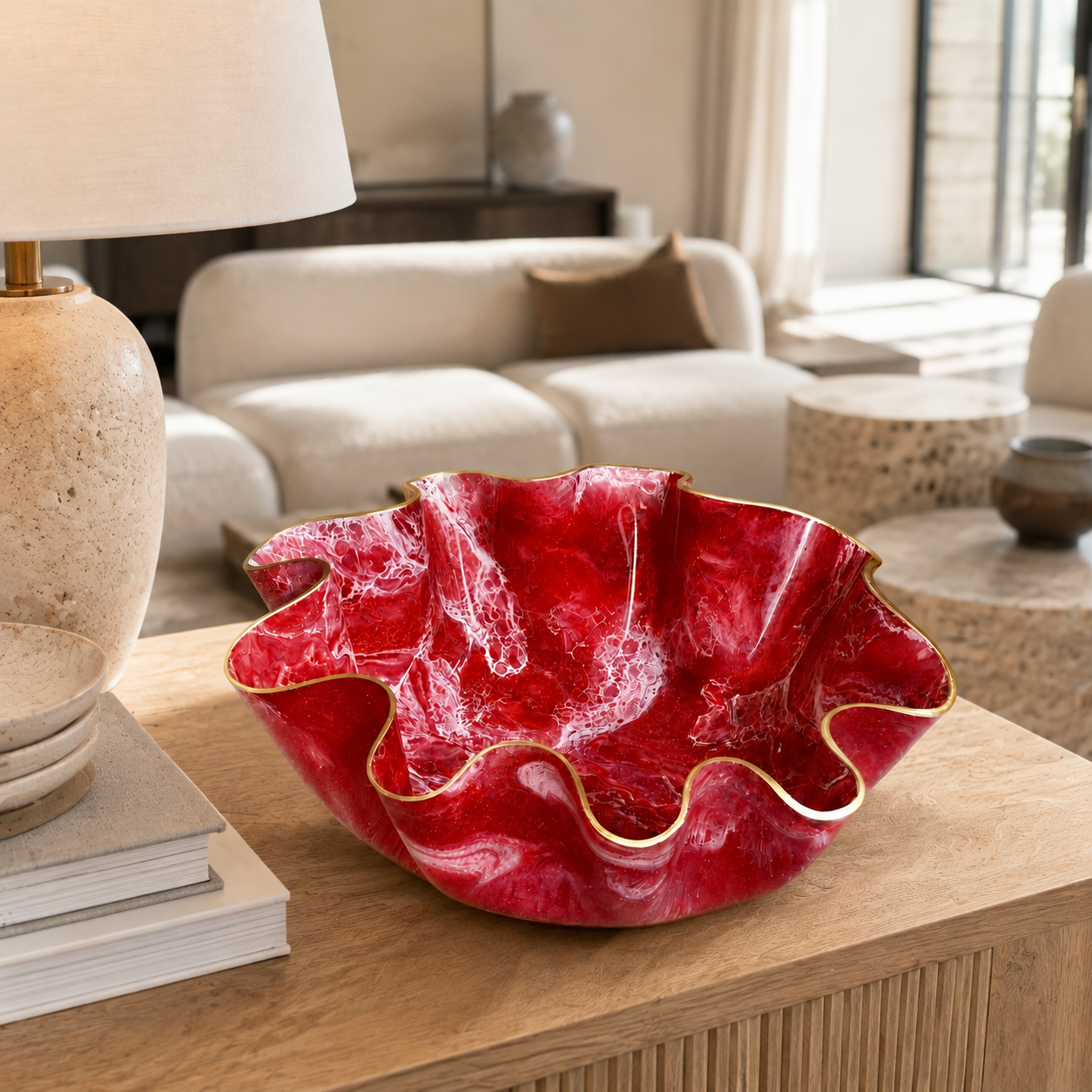 Large Red bowl, 18x3" geode design epoxy resin