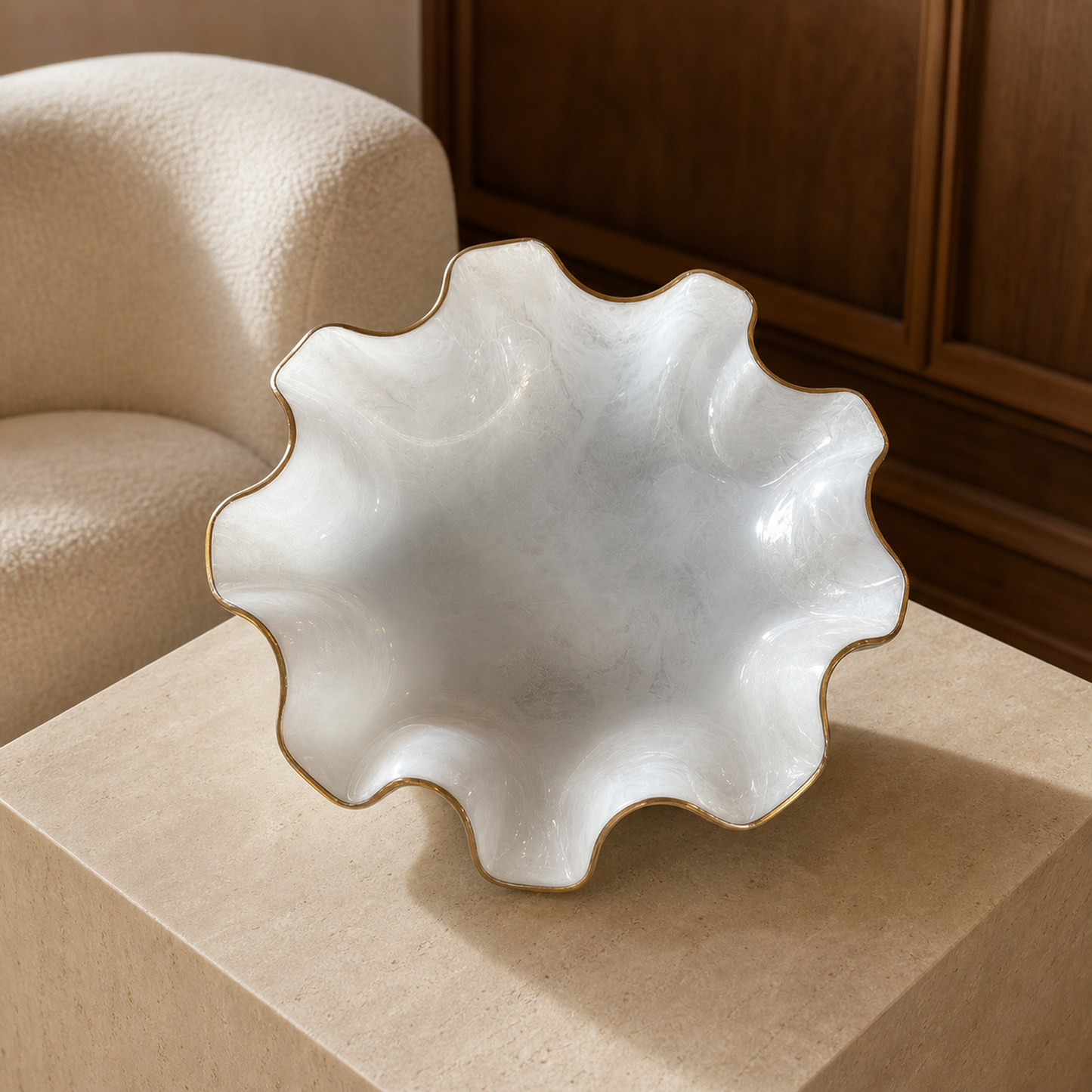 Large White bowl, 18x3" geode design epoxy resin