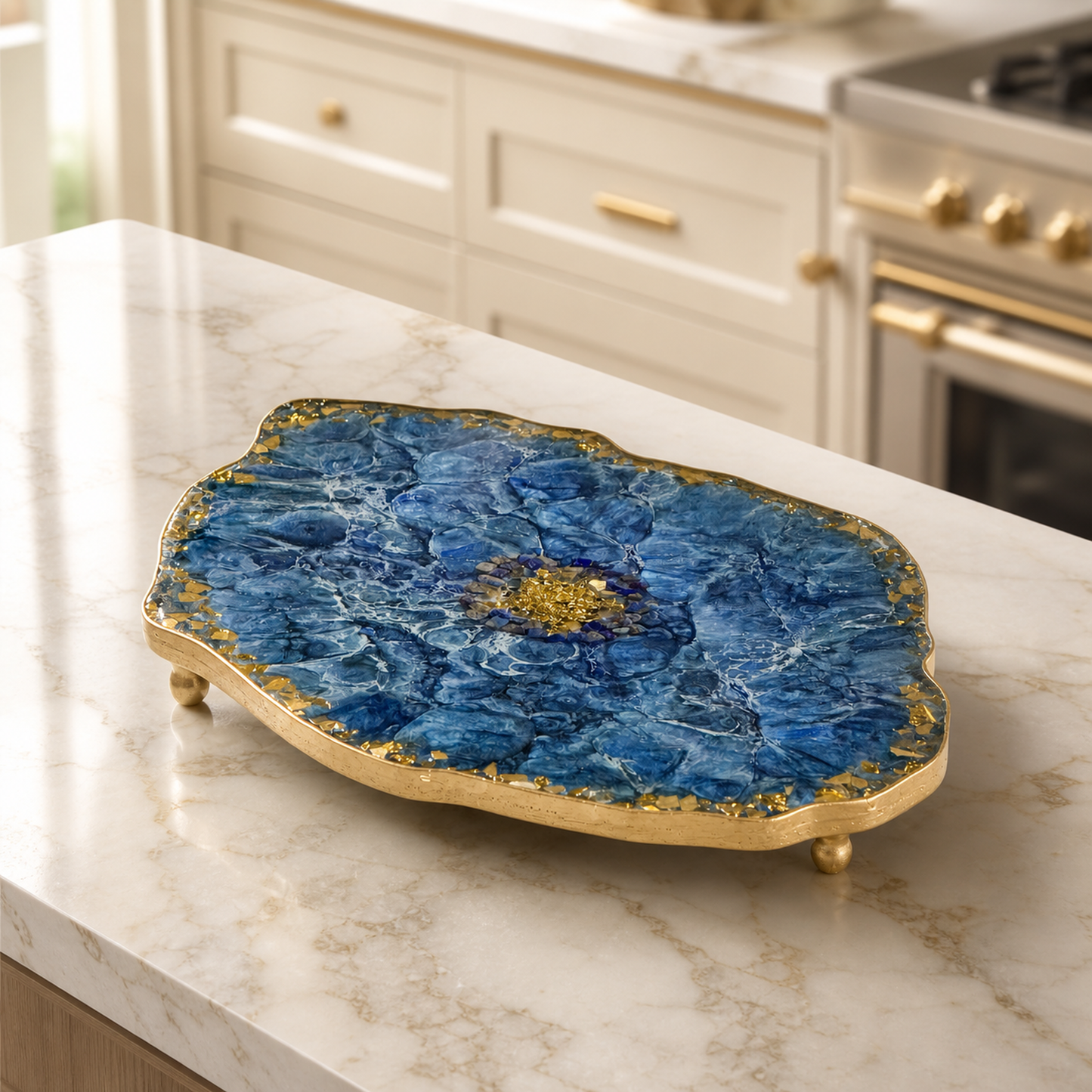 Blue XL 20x13" Geode design Epoxy Resin Serving Tray, with Glass Rocks, Custom Color Decorative Tray, Optional Legs, 20 x 13 Inch