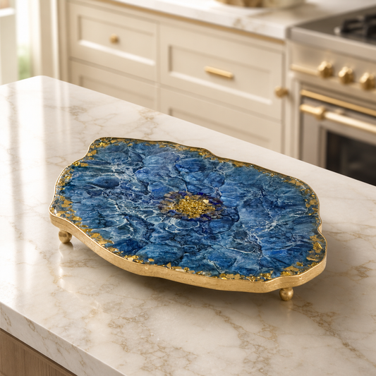 Blue XL 20x13" Geode design Epoxy Resin Serving Tray, with Glass Rocks, Custom Color Decorative Tray, Optional Legs, 20 x 13 Inch