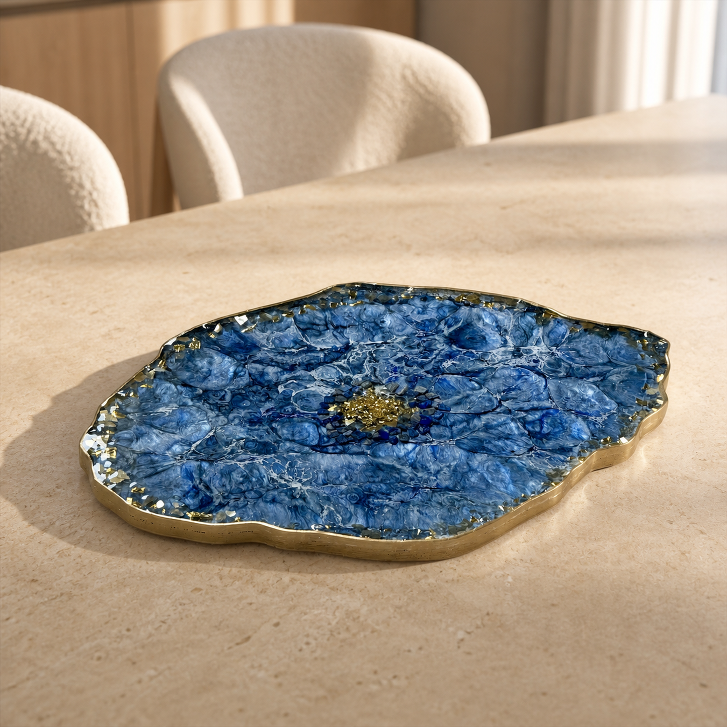 Blue XL 20x13" Geode design Epoxy Resin Serving Tray, with Glass Rocks, Custom Color Decorative Tray, Optional Legs, 20 x 13 Inch