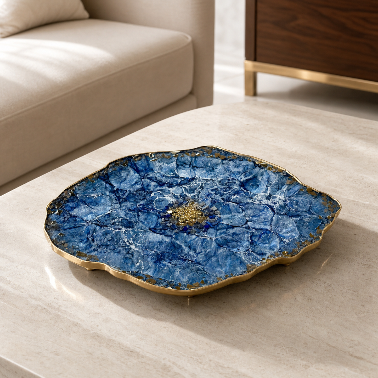Blue XL 20x13" Geode design Epoxy Resin Serving Tray, with Glass Rocks, Custom Color Decorative Tray, Optional Legs, 20 x 13 Inch