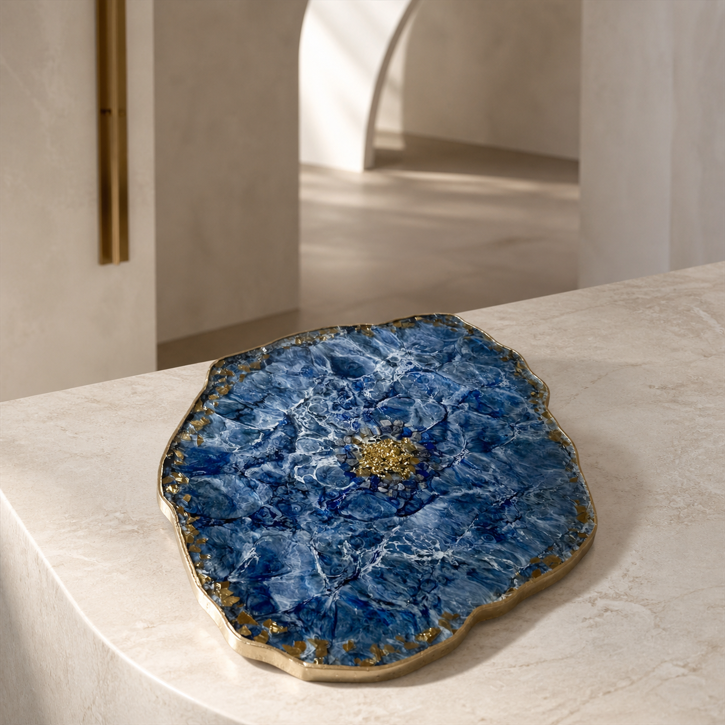 Blue XL 20x13" Geode design Epoxy Resin Serving Tray, with Glass Rocks, Custom Color Decorative Tray, Optional Legs, 20 x 13 Inch