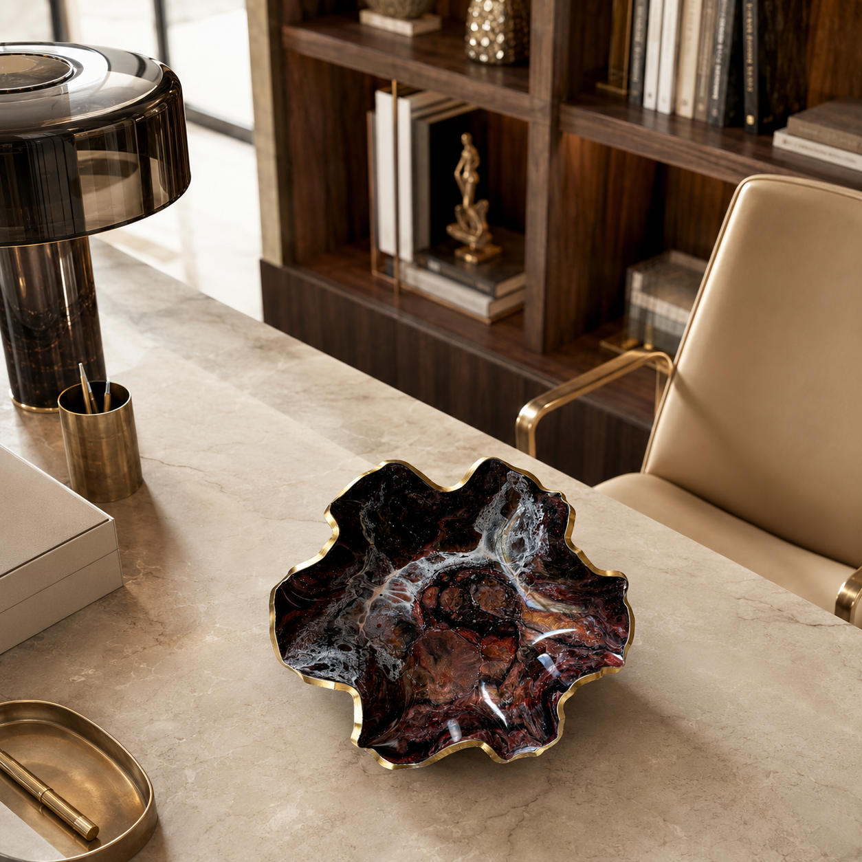 Medium Black, Bronze and Copper bowl, 11x3" geode design epoxy resin