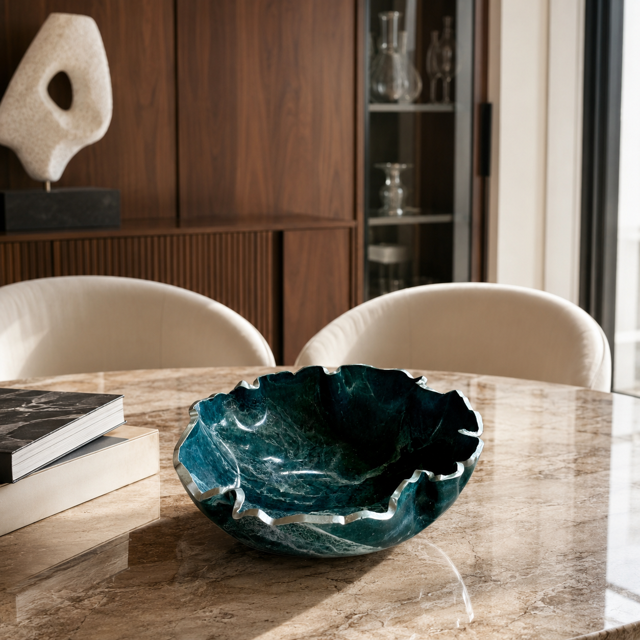 Medium Teal and Silver bowl, 11x3" geode design epoxy resin